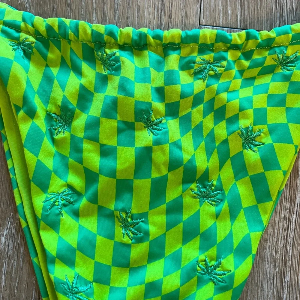 Frankie's Bikinis Neon Green Checkerboard Triangle Bikini
